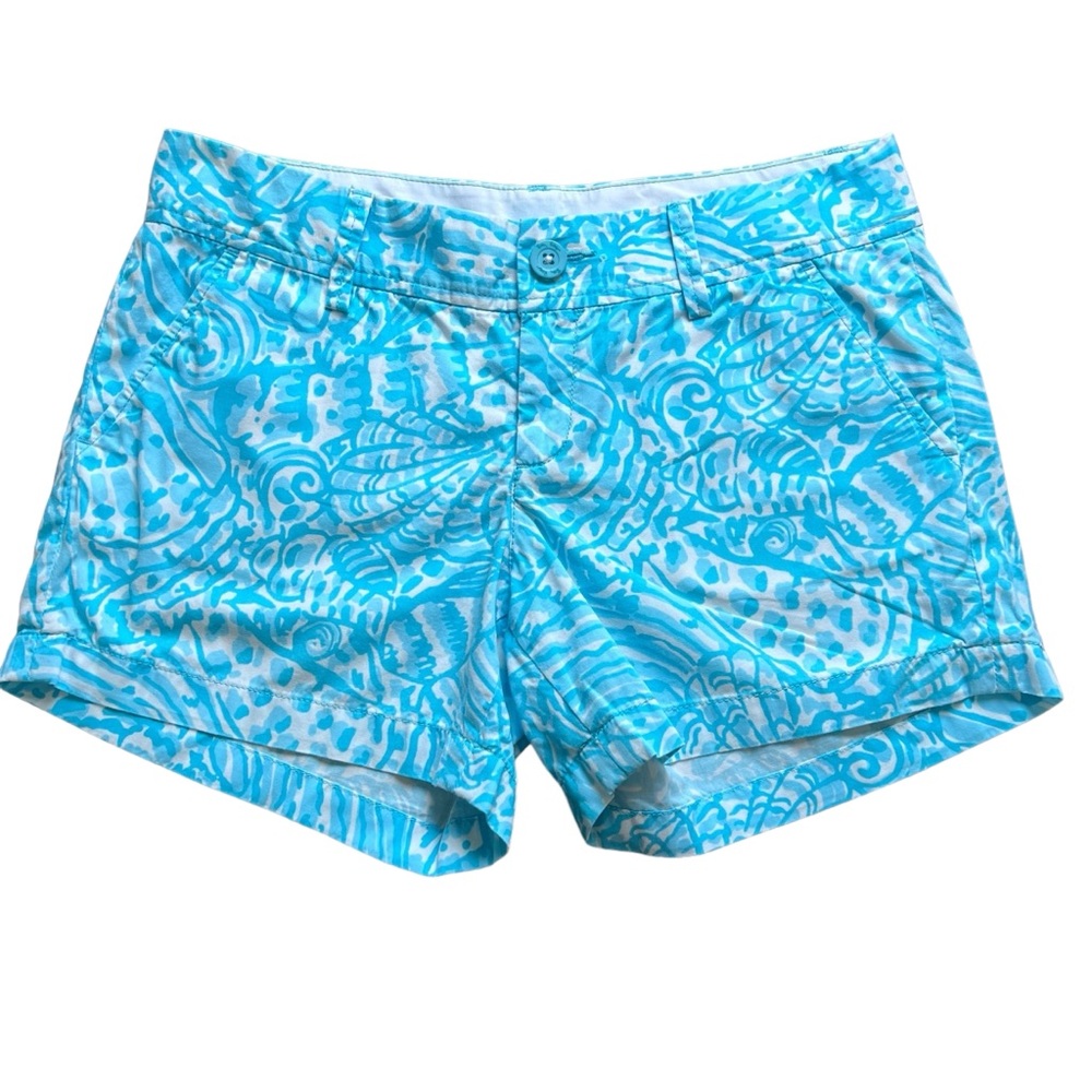 Lilly Pulitzer Aqua and White Printed Cotton Shorts